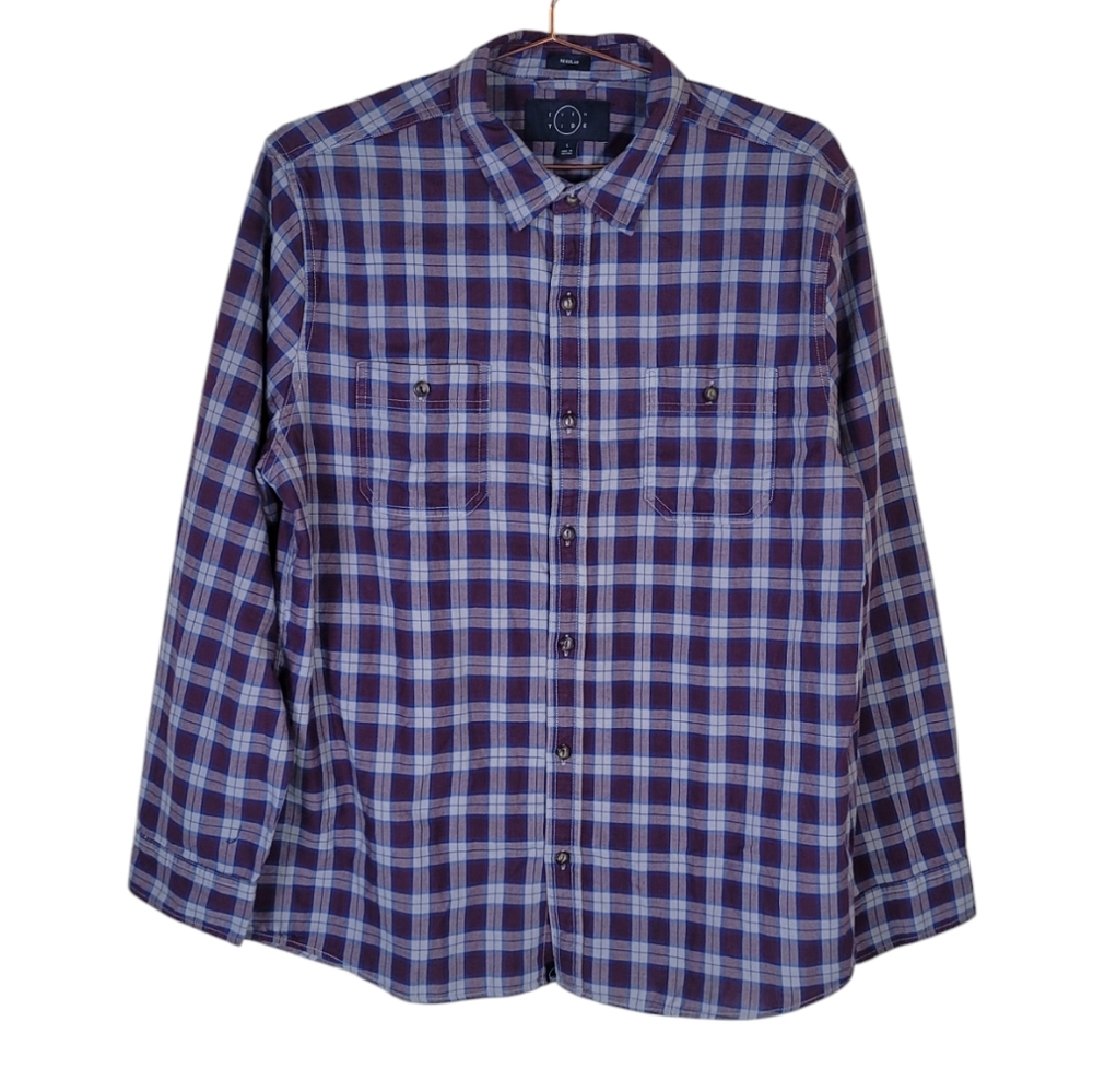 New EVEN TIDE Denali Doublecloth Plaid Long Sleeve Button Front Shirt Size L